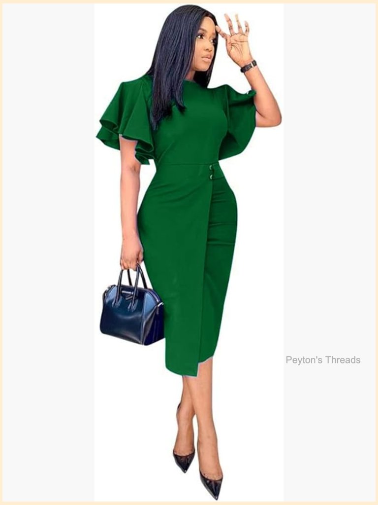 Vintage Ruffle Sleeve Bodycon Peplum Pencil Dress Pull On